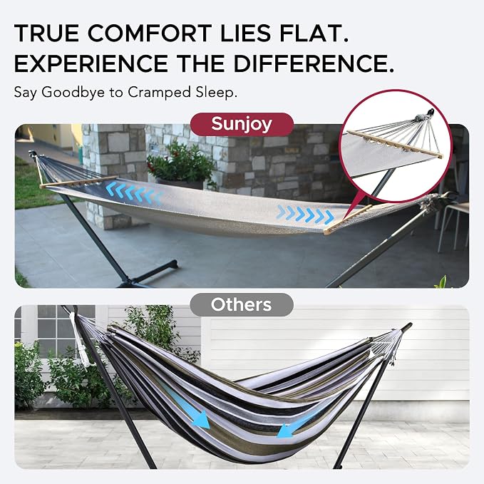SUNJOY Portable Hammock with 10FT Heavy Duty Steel Stand and Spreader Bars - Ultra-Light 24.25 lbs - Portable Single Person Hammock with Stand for Outdoors, Outside, Backyard, Patio