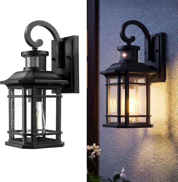 Emliviar Motion Sensor Outdoor Wall Lamp, Exterior Wall Sconce Light Fixture with Seeded Glass, Black Outside Porch Lights for Garage, Patio, 2084B-SE BK