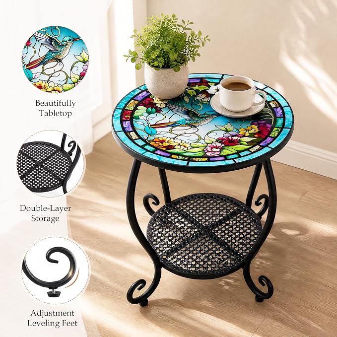 Outdoor Side Table,Small Round Patio Acceet End Plant Metal Coffee Table for Yard Porch Garden Patio Living Room, Bedroom(Hummingbird)