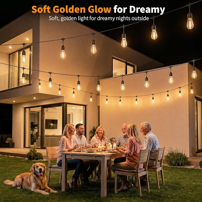 Hotsonic Remote Control Outdoor String Lights Waterproof, 50 FT LED Outside Lights with Shatterproof Bulbs, Dimmable Hanging S14 Lights 3 Modes for Patio Porch Garden pergola Yard Party House Decors
