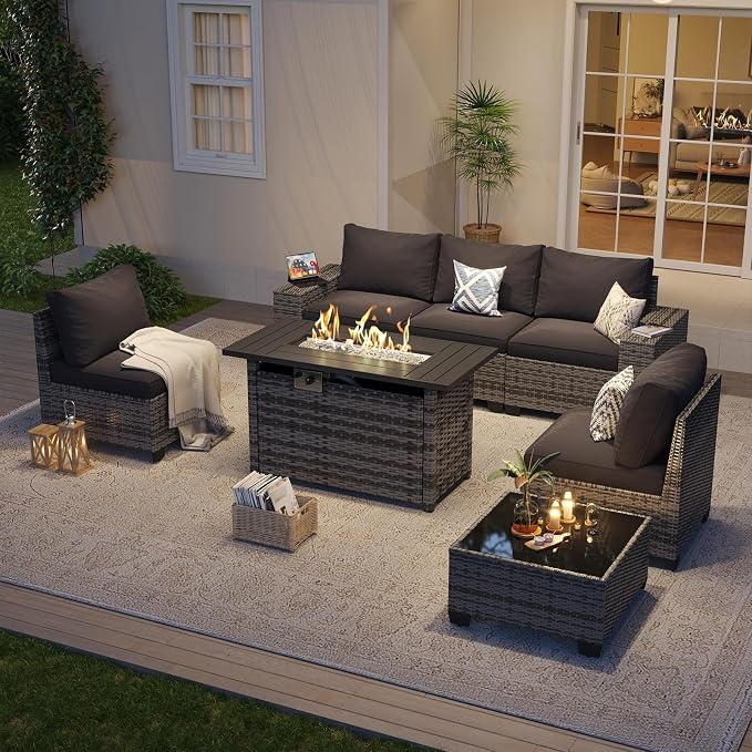 Aoxun Outdoor Patio Furniture Set with 44'' Fire Pit Table, 7 Pcs Outdoor Patio Furniture Sets with 4in Thicken Cushion, Widen Armrests Wicker Outdoor Sectional for Backyard & Garden, Black