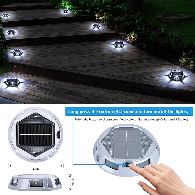 Solar Deck Light Outdoor, 6 Pack 9 Colors in 1 Solar Driveway Dock Lights, IP67 Waterproof Solar Powered Outdoor Light, RGB Step Lights for Outside Garden Yard Fence Stair Sidewalk Pathway Walkway