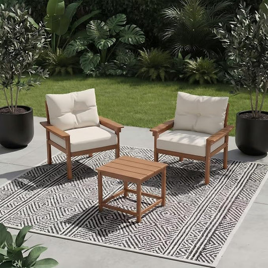 HDPE 3 Piece Patio Furniture Set, All-Weather Outdoor Couch Bistro Set with Thick Cushions & Side Table, Patio Conversation Sets for Lawn, Porch, Garden, Balcony, Deck, Poolside, Teak & Beige