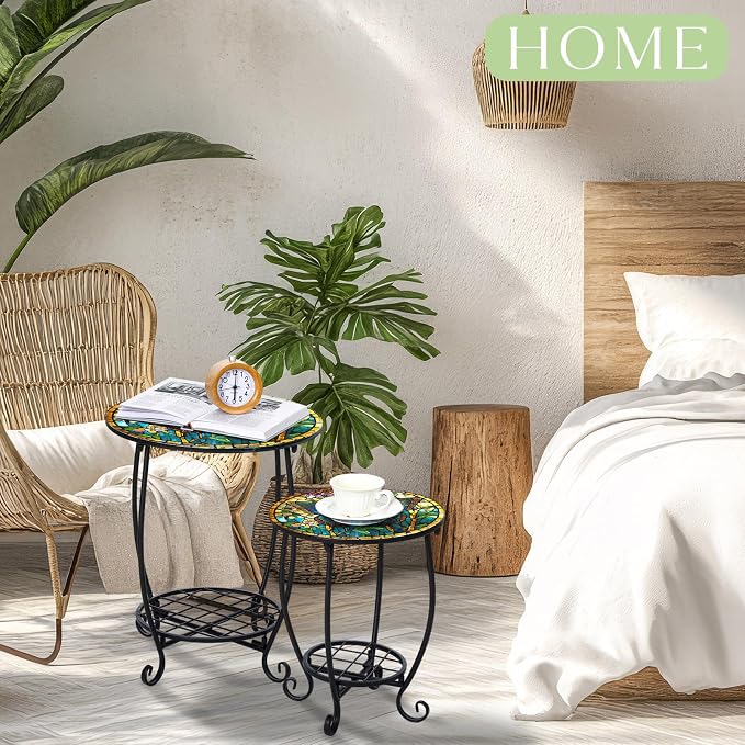 Cinnvoice 2 Pcs Outdoor Side Table Small Patio Round Mosaic Accent End Table Indoor Plant Metal Coffee Tea Tables for Patio Yard Porch Garden Living Room(12" and 16",Butterfly Style)