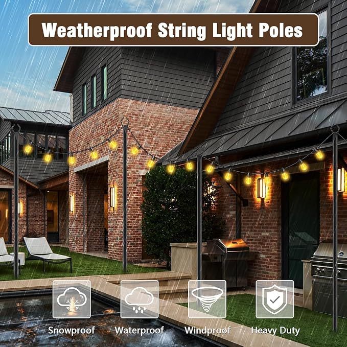 10Ft Exterior Light Poles 10 Pack, Durable Metal String Light Posts for Outdoor Use, Equipped with Fixed Brackets for Yard, Terrace, Backyard and Garden Lighting Decor