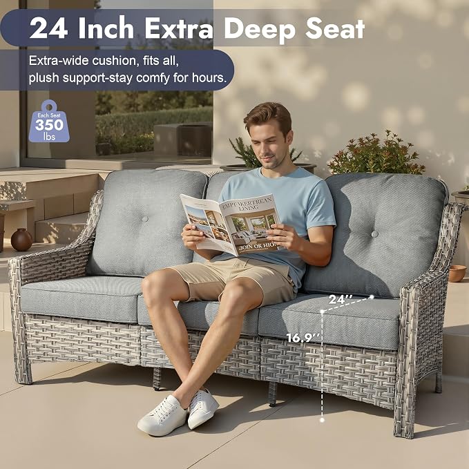 6 PCS Patio Furniture Set, Deep Seat High Back Outdoor Conversation Set with Ottomans, Wicker Outside Furniture with Solar Light Coffee Table for Porch Backyard Balcony, Sunroom, Dark Grey
