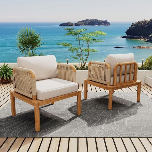 Patio Furniture Set of 2 Chairs, Outdoor Sectional Furniture with Rope Armrests and Thick Washable Cushions, All-Weather Patio Conversation Set for Backyard, Garden and Poolside (Series A)