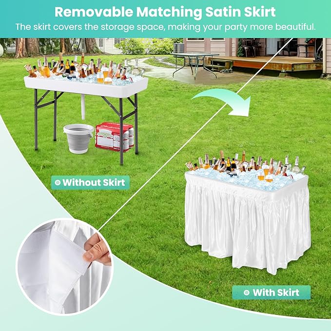 S AFSTAR 4 Foot Ice Cooler, Outdoor Buffet Cold Food Keeper w/Matching Skirt & Drain Plug, Portable Tailgate Camp Fishing Cleaning Table, Ice Bin Folding Chill Table for Party, Picnic, BBQ