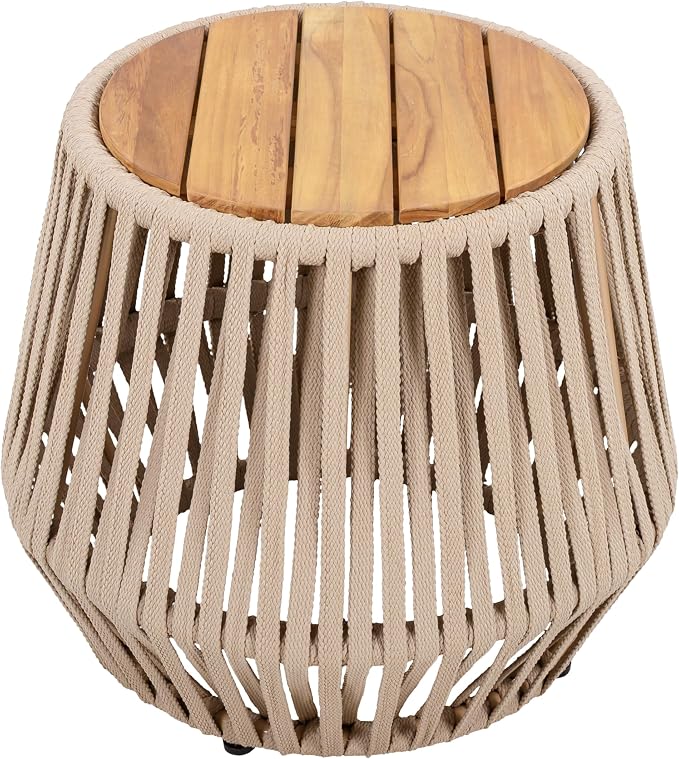 Outdoor Side End Table for Patio with Rope and Acacia Wood, Small Round Patio Table, Outside Boho Accent Table for Backyard Balcony Gazebo Party, Beige