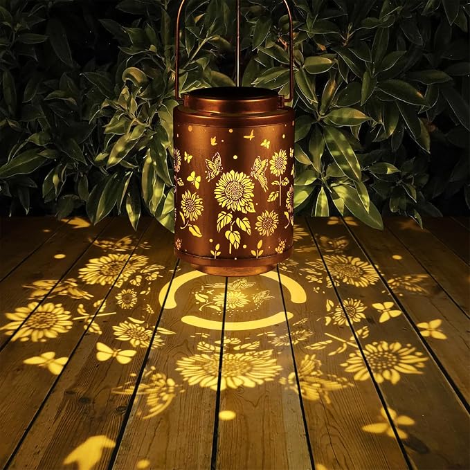 2 Pack Solar Outdoor Lanterns Butterflies Garden Decor LED Light Hanging | Waterproof Solar Metal Lanterm Gifts for Women Mon Grandma Sunflower Solar Lights Outdoor Decoration