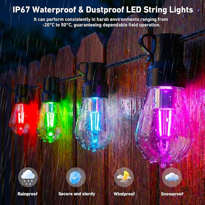 Outdoor String Lights,400FT Smart RGB+IC Patio Lights with Shatterproof LED Bulbs ,Outside Light Dimmable Patio for Decor DIY IP67 Waterproof ,Courtyard, garden,Holiday,LED lights more Scene Modes