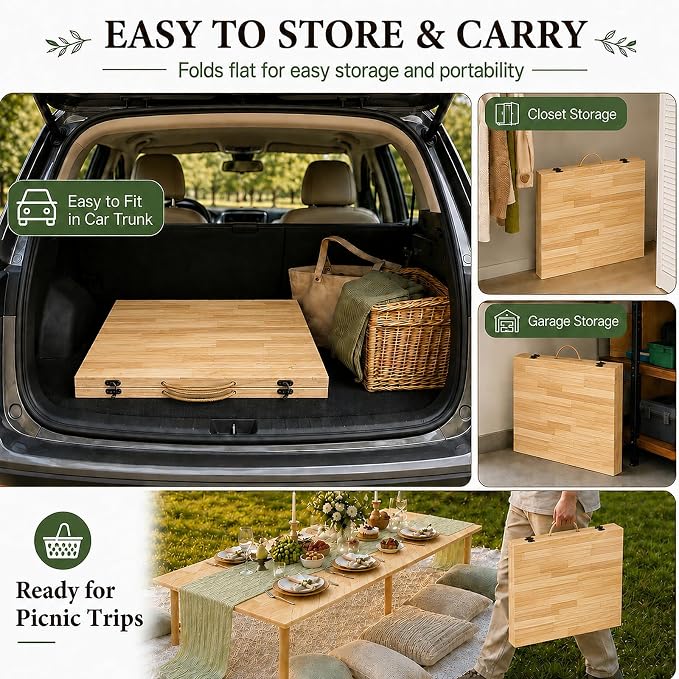 Folding Picnic Table with Table Runner, 60" x 30" Portable Boho Low Picnic Table for 6 Person, Large Wooden Floor Table for Camping, Beach, Garden, Party, Tool-Free Assembly, 165 lbs Capacity