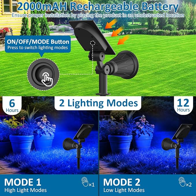 T-SUNUS Solar Landscape Spotlights Outdoor, Blue LED Solar Spot Lights Adjustable Panel, 2 Lighting Modes, Auto On/Off, IP65 Waterproof, 2-in-1 Ground & Wall Mount for Yard Garden Pathway 4 Pack