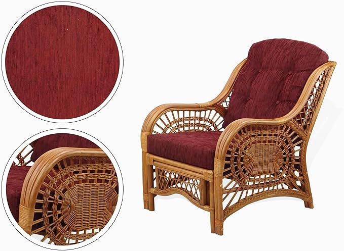 Malibu Lounge Set of 4: 2 Natural Rattan Wicker Chairs, Three-Seater Sofa with Cushions and Coffee Table with Glass Handmade, Colonial Color