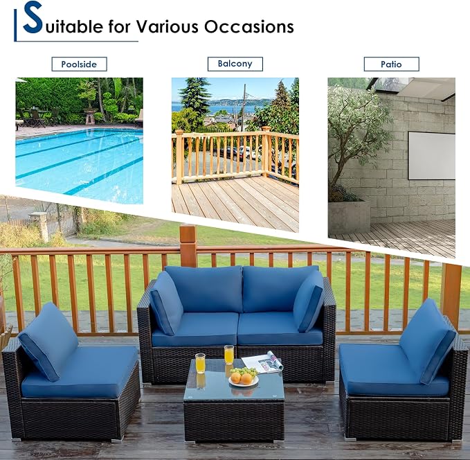 COSTWAY 5-Piece Outdoor Patio Furniture Set, PE Rattan Sofa Chairs with Cushions and Tempered Glass Coffee Table, Conversation Sofa Set for Backyard Garden (Navy)