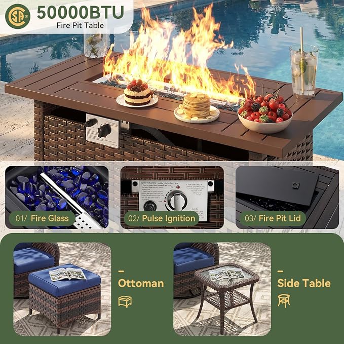 Aoxun 9-Piece Patio Furniture Set with 44” Fire Pit Table, Wicker Outdoor Sectional Sofa with High Back Swivel Rocker Chairs, Outdoor Patio Furniture Set with Thick Cushions & Ottoman, Blue