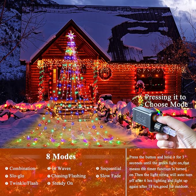 Christmas Decorations, Outdoor Christmas Lights, 320 LED Outdoor Christmas Tree String Lights with 12" Star Toppers [8 Modes& Waterproof] for Xmas New Year Holiday Decor (Dipper Multicolor)