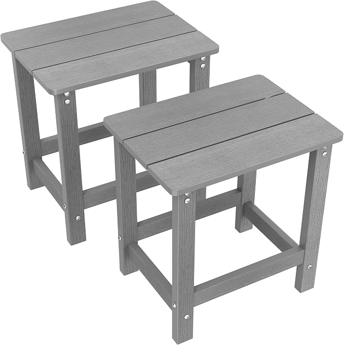 MXIMU Outdoor Side Table Set of 2: Heavy-Duty Sturdy Warp Resistant Adirondack Table - Wood Grain Finish Outdoor End Tables - Easy Assembly & Low Maintenance Patio Side Table Grey