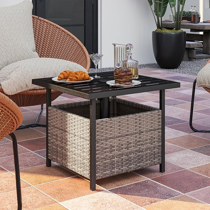 HAPPYGRILL Wicker Patio Umbrella Table with 1.57” Umbrella Hole, Outdoor Rattan Side Table with Heavy Duty Metal Frame, 22” Square PE Rattan End Table for Deck Backyard Poolside (Mix Gray)