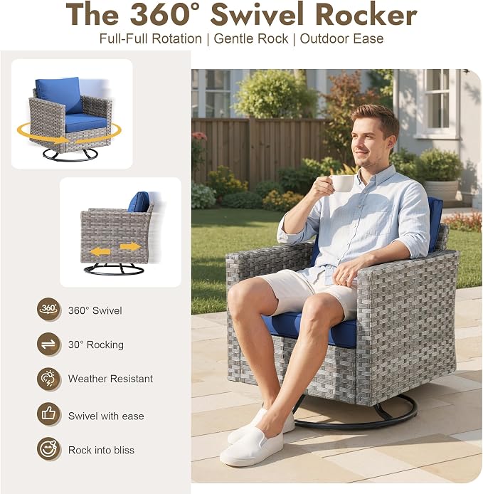10 Pieces Outdoor Patio Sectional, Wicker Patio Furniture Set with 42 inch Fire Pit Table, All-Weather L Shaped Patio Conversation Set with Swivel Chairs, for Backyard Porch Yard,Navy Blue