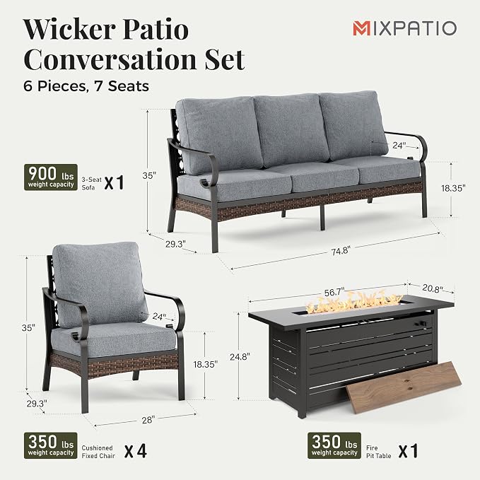 MIXPATIO Patio Furniture Set with Firepit Table, Black Frame Outdoor Conversation Set with 4 x Fixed Chairs, 1 x 3-Seat Sofa for Lawn Garden Backyard, Grey