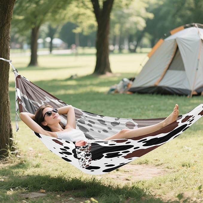 Cow Brown Spots Pattern Camping Hammock, Portable Lightweight Single Hammock with Tree Straps and Aluminum Carabiners, 114" x 54" Travel Hammock for Hiking Backpacking Beach