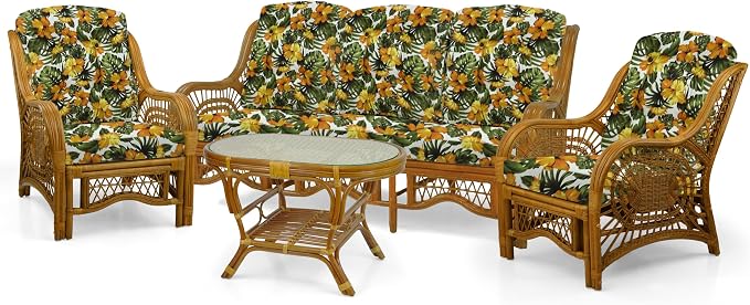 Malibu Lounge Set of 4: 2 Natural Rattan Wicker Chairs, Three-Seater Sofa with Cushions and Coffee Table with Glass Handmade, Colonial Color