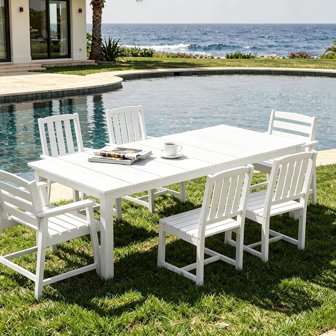 AreShark 7-Piece Outdoor Dining Set,HDPE Patio Table with 6 Chairs,All-Weather Patio Furniture Set with Umbrella Hole,Low Maintenance Wood Grain Dining Set for Backyard,Garden,Poolside,White