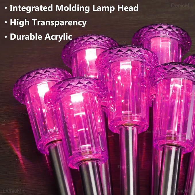 DenicMic Solar Outdoor Lights 10 Pack Pink LED Valentines/Mothers Day Decor | Garden Decor for Outside Yard Patio Flowerbed Pathway Starburst Pattern, Acrylic Diamond-like Lampshade Stainless Steel Pole