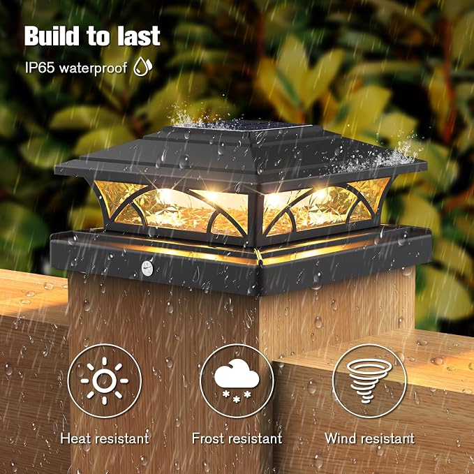JOFIOS Post Cap Lights Outdoor 12pack, Black Deck Fence Post Lights Solar Powered with 16LEDS 2 Lighting Modes, 4x4/5x5/6x6 Waterproof Fence Post Solar Lights for Garden Patio Porch Backyard