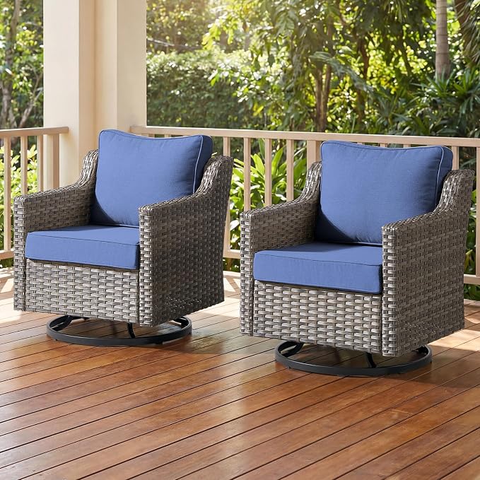 Luxury Patio Furniture Chairs Set - 2 Pieces All Weather Wicker Outdoor Couch and High Back Swivel Rocker Patio Chairs for Deck Yard and Poolside Gray Wicker | Blue Cushions