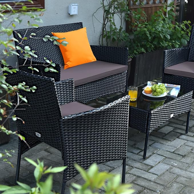 Tangkula 4 Pieces Patio Rattan Conversation Set, Outdoor Wicker Furniture Set with Tempered Glass Coffee Table &Thick Cushion, Rattan Chair Wicker Set for Garden, Lawn, Poolside and Backyard