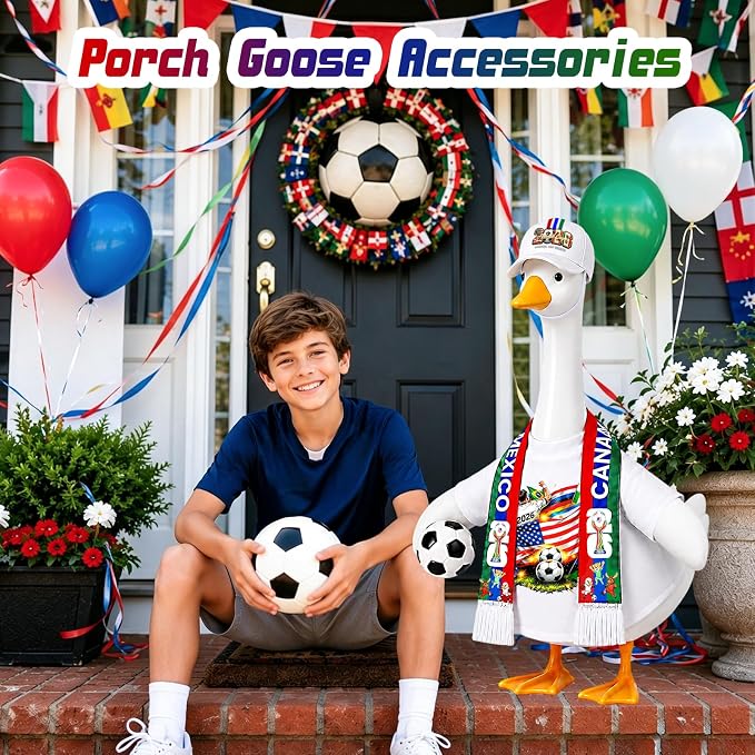 2026 World Soccer Goose Outfit for 23 Inch Porch Statue – Triple Nation Flag Design with Soccer Ball for American Fans, Soccer Party, Sport Season Decor – Outdoor Patio Yard Lawn Art