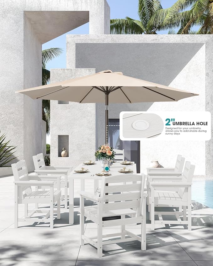 SERWALL HDPE and Aluminum Outdoor Dining Set for 8, White | 60" - 83" Expandable Outdoor Dining Table and 8 HDPE Chairs, All Weather Outdoor Furniture Set