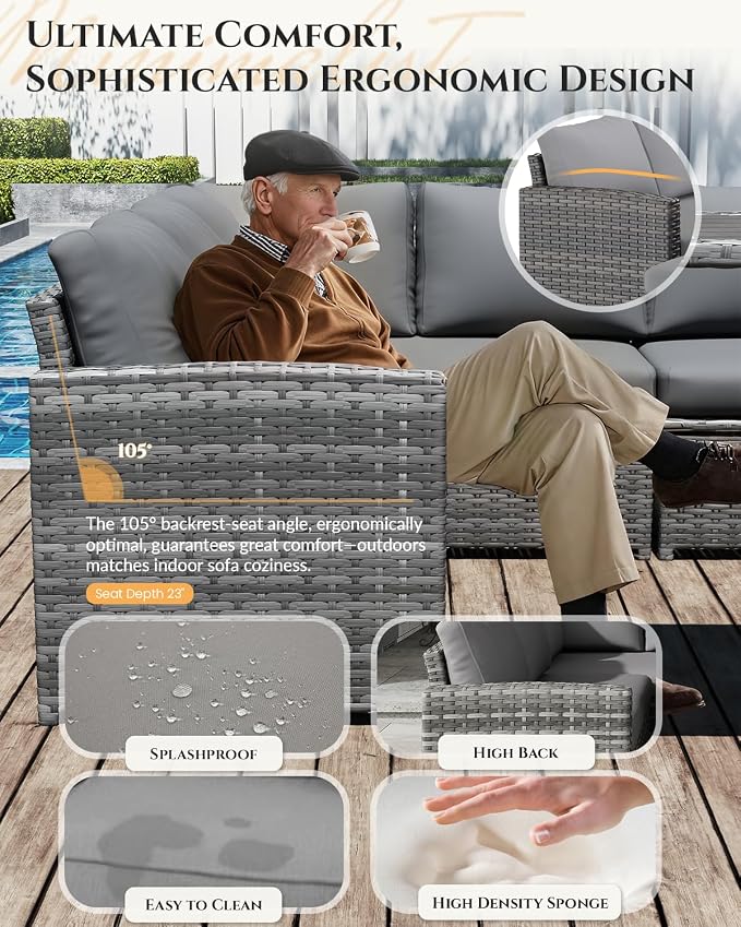 U-MAX 7 Pieces Patio Furniture Set with Waterproof Cover, Outdoor Sectional Sofa Conversation Set, All Weather Wicker Rattan Dining Table & Chair with Ottoman, Grey Rattan&Grey Cushion