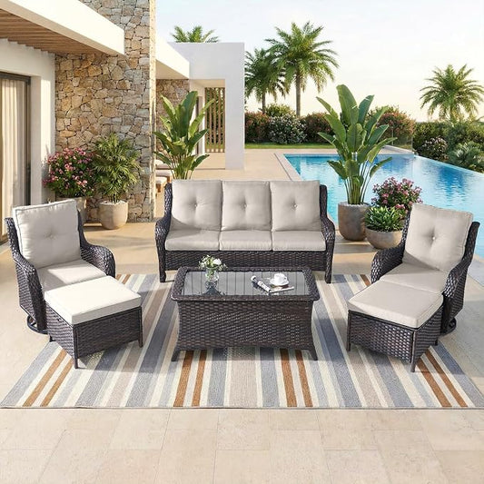 Opohoro 6 Piece High Back Patio Furniture Set - All Weather Patio Conversation Set with 4 Inch Thick Cushions and Deep Seating Swivel Glider Chairs & Outdoor Couch for Porch Deck Yard Pool Brown Beige