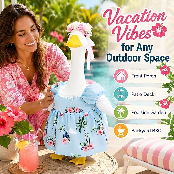 Funny 2 Pack Hawaiian Porch Goose Outfit for 17/23 Inch Lawn Geese Statue, Tropical Palm Floral Summer Dress & Flower Lei Headband Set, Aloha Style Goose Costume for Outdoor Yard Patio Garden Décor