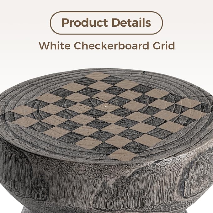 COSIEST Outdoor Side Table with Chessboard, 14'' Round Concrete Lightweight Faux Wooden Multi-Use End Table Garden Stool Log Style Plant Stand for Deck, Patio, Grey