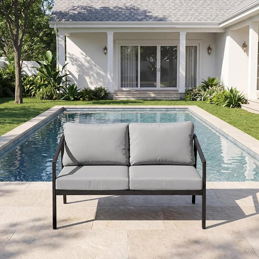 Outdoor Patio Loveseat Sofa, Aluminum 2-Seater Conversation Set with Washable Thick Cushions, Never-Rust Modern Garden Couch Bench for Porch, Poolside, Backyard (Black+Grey)