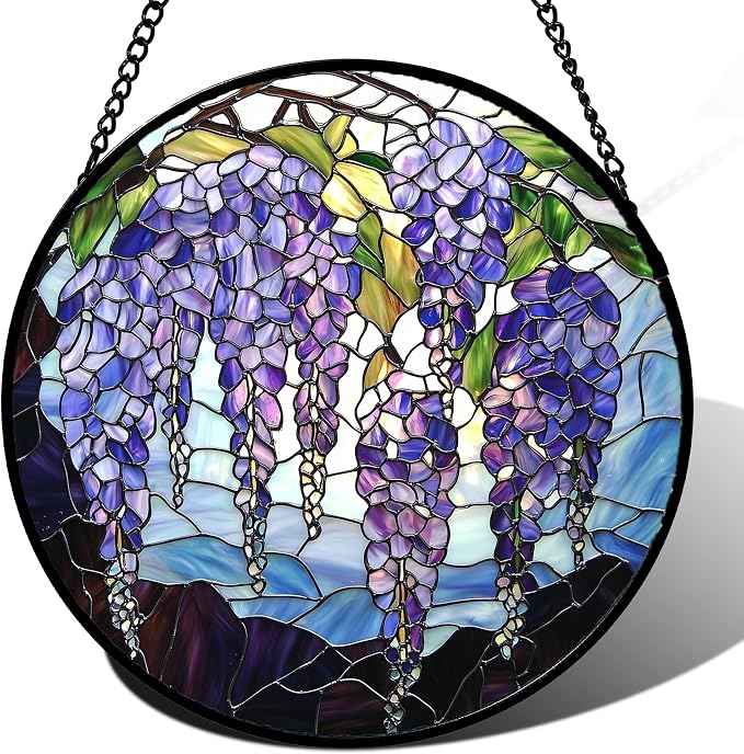 DASTOLL Stained Glass Window Hanging, Purple Wisteria Flowers Suncatcher for Doors Window Home Plant Sun Catchers Decoration Mother's Day Birthday Gifts for Women, Men, and Mom 7.8x7.8 in