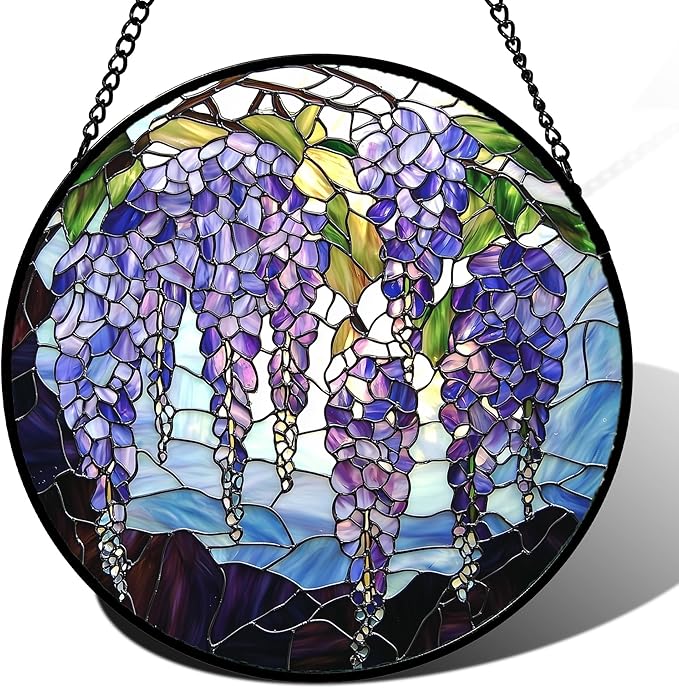 DASTOLL Stained Glass Window Hanging, Purple Wisteria Flowers Suncatcher for Doors Window Home Plant Sun Catchers Decoration Mother's Day Birthday Gifts for Women, Men, and Mom 6.3x6.3 in