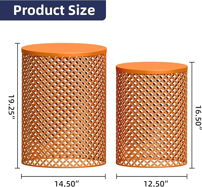 ChicFurnit Outdoor Side Table Set of 2, Cylindrical Metal Frame End Table, Decorative Garden Stool for Indoor Outdoor, Accent Garden Table Modern Nesting End Table for Patio Balconies, Cafes, Orange