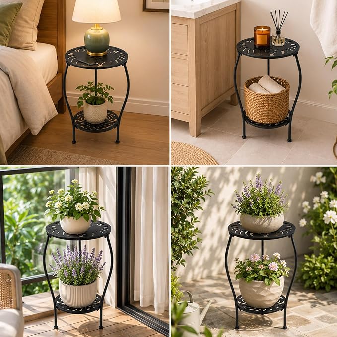 Party Zealot Two-Tiered 13 Inch Metal Round Side Tables Small Black Outside End Table for Patio Round Accent Garden Corner Stand for Small Spaces Weather-Resistant Outdoor Coffee Table for Balcony