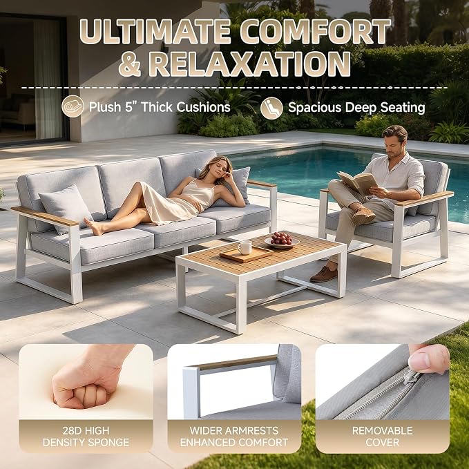 Premium Aluminum Patio Furniture Set 4 Piece,Outdoor Conversation Set with Wide Armrest,5" Thick Cushions, Olefin Fabric,Rustproof Metal Frame,Deep Seating Patio Sofa Set for Backyard,Deck,villa,White