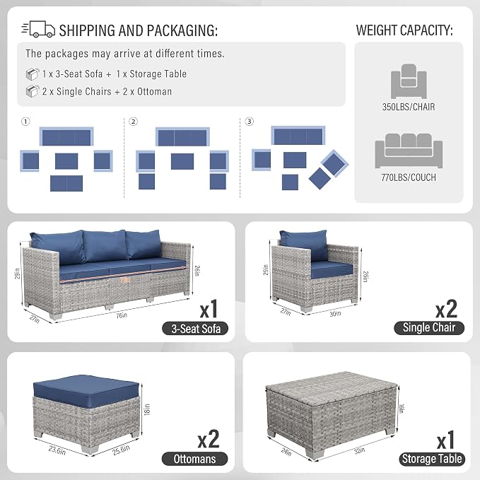 WAROOM Patio Furniture Set 6 Piece PE Rattan Outdoor Conversation Sets Grey Wicker Couch Sectional Sofa with Storage Coffee Table and Navy Blue Cushion