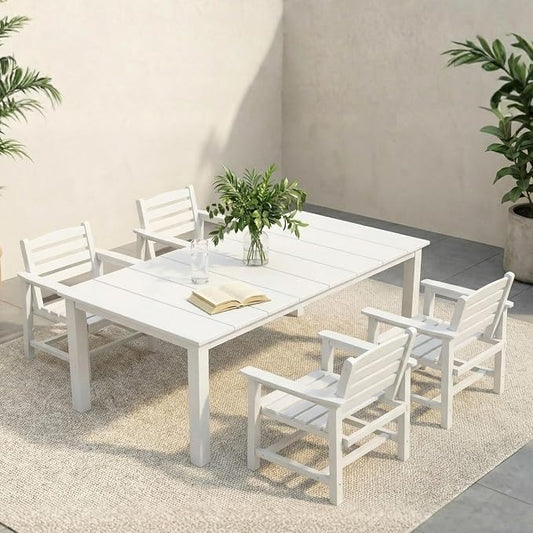 5-Piece Outdoor Dining Set with Aluminum Frame for 4,White | HDPE material, 2" umbrella hole, patio table and chairs, ideal for yard, lawn, garden, balcony, deck, poolside