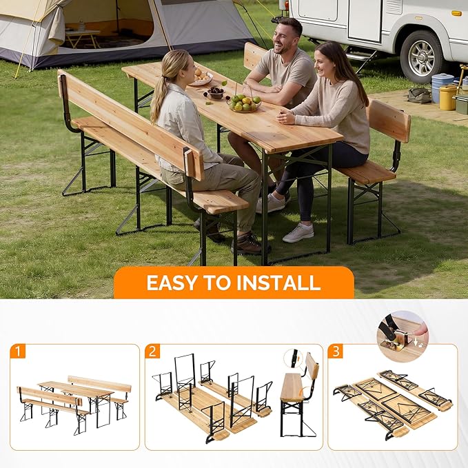 VINGLI 70 Inch Folding Picnic Tables and Chair Set with Backrest Bench, Weather-Resistant Wooden Beer Garden Table Bench, 3-Piece Portable Fold Up Camping BBQ Table,Natural Wood Color