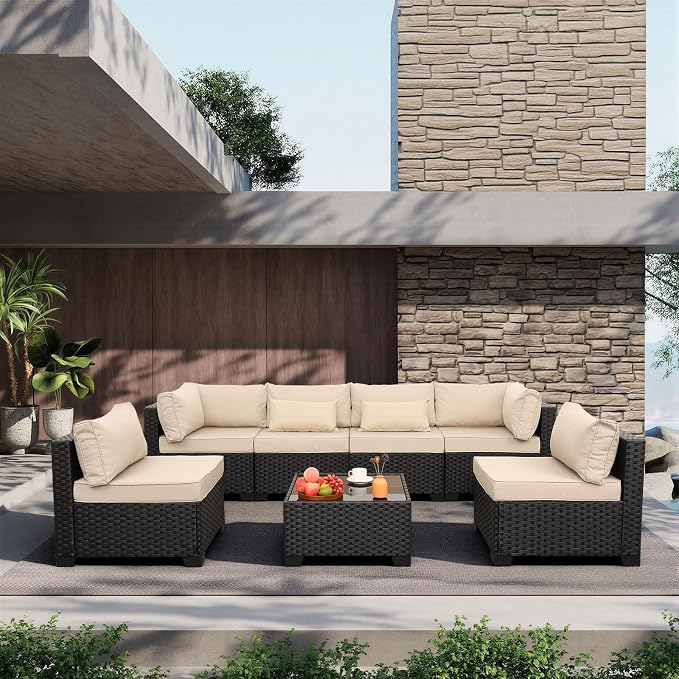 Lviden 7 Pieces Outdoor PE Wicker Furniture Set Patio Rattan Sectional Conversation Sofa Set with Khaki Cushions and Glass Top Table