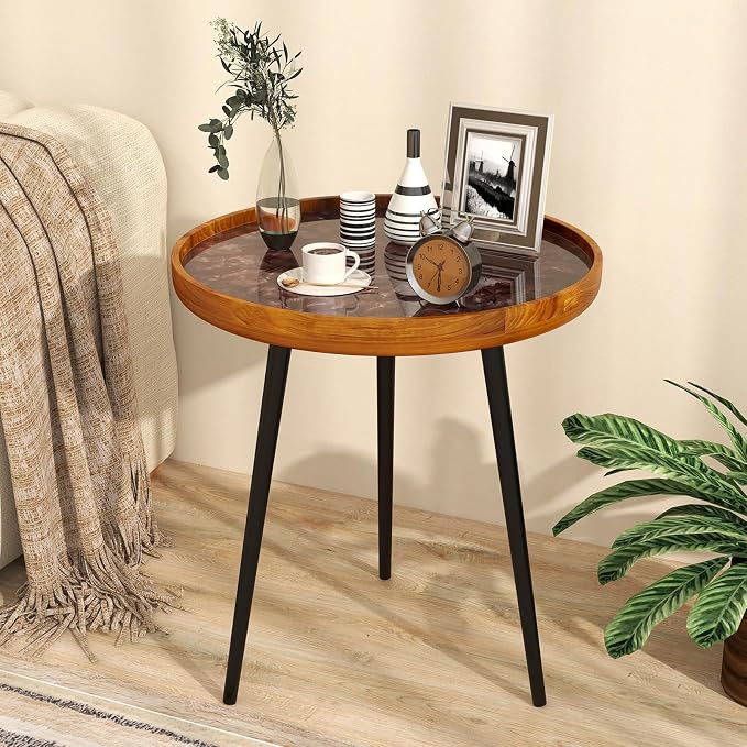 Giantex Outdoor Side Table, Round End Table with Epoxy Resin Finish, Sea Shell Decoration, Mahogany Wood Frame, Tray Top, Patio Side Table for Living Room, Pool, Yard, Porch (Brown, 20” x 20” x 21.5”)