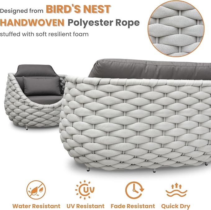 Cushioned Outdoor Patio Furniture Set: 6 Pieces Aluminum Porch Conversation Sofa Set - Modern Hand Woven Rope Deck Couch Set - No Assembly All Weather for 661lbs Yard Garden Poolside Hotel, Gray